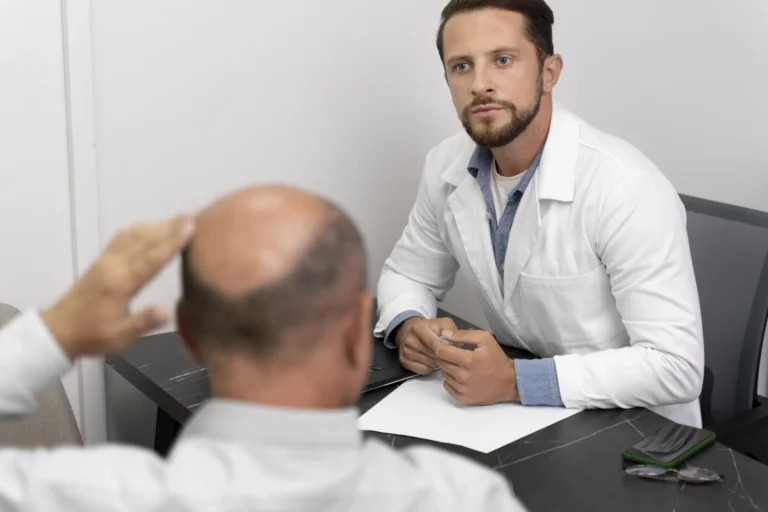 Marketing greffe capillaire Médecin qui reçoit un patient pour un bilan capillaire avant greffe